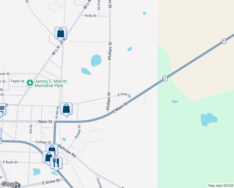 map of restaurants, bars, coffee shops, grocery stores, and more near 811 East Pine Street in Colquitt
