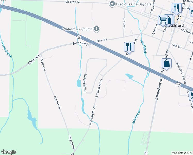 map of restaurants, bars, coffee shops, grocery stores, and more near 414 Waterford Way in Ashford
