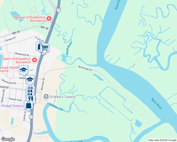 map of restaurants, bars, coffee shops, grocery stores, and more near 4001 Riverside Drive in Brunswick
