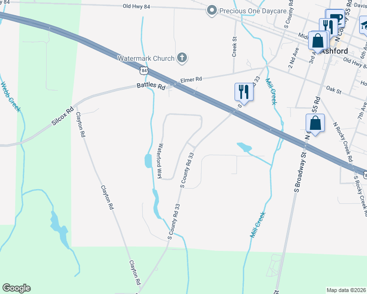 map of restaurants, bars, coffee shops, grocery stores, and more near Waterford Way in Ashford