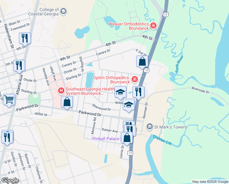 map of restaurants, bars, coffee shops, grocery stores, and more near 3204 Dogwood Avenue in Brunswick