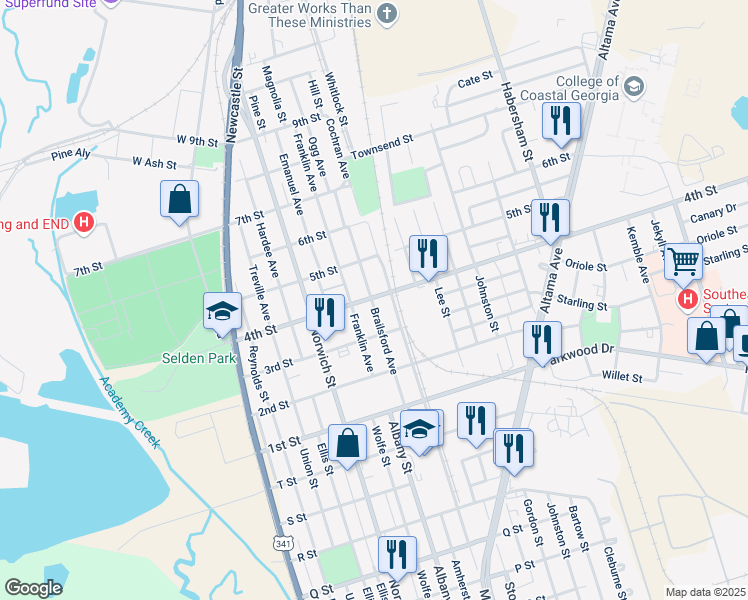 map of restaurants, bars, coffee shops, grocery stores, and more near 1400 4th Street in Brunswick