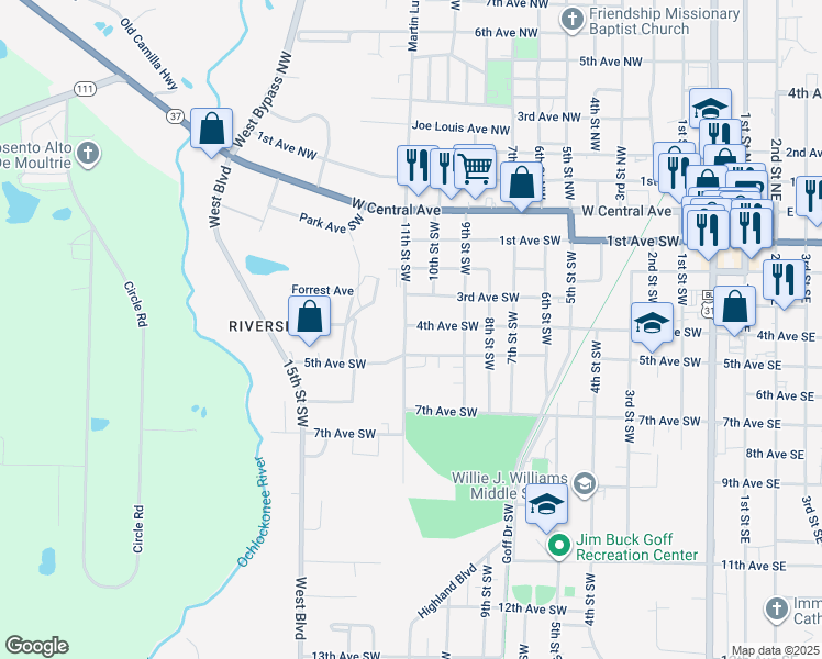 map of restaurants, bars, coffee shops, grocery stores, and more near 401 11th Street Southwest in Moultrie