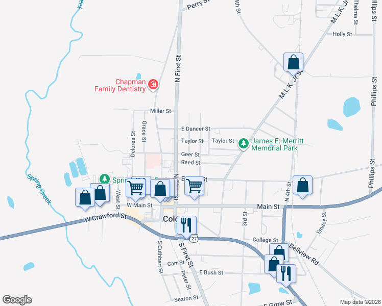 map of restaurants, bars, coffee shops, grocery stores, and more near 152 Geer Street in Colquitt