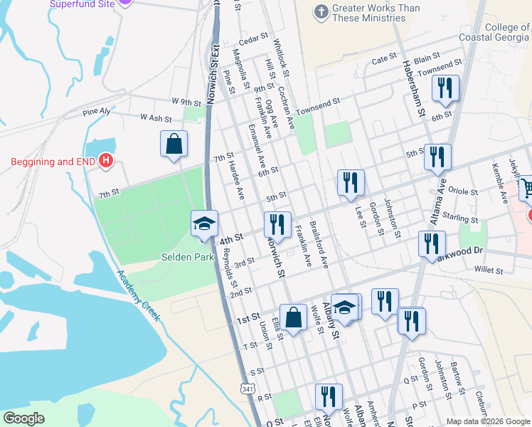 map of restaurants, bars, coffee shops, grocery stores, and more near 3418 Norwich Street in Brunswick