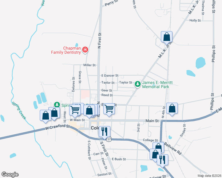 map of restaurants, bars, coffee shops, grocery stores, and more near 152 Geer Street in Colquitt