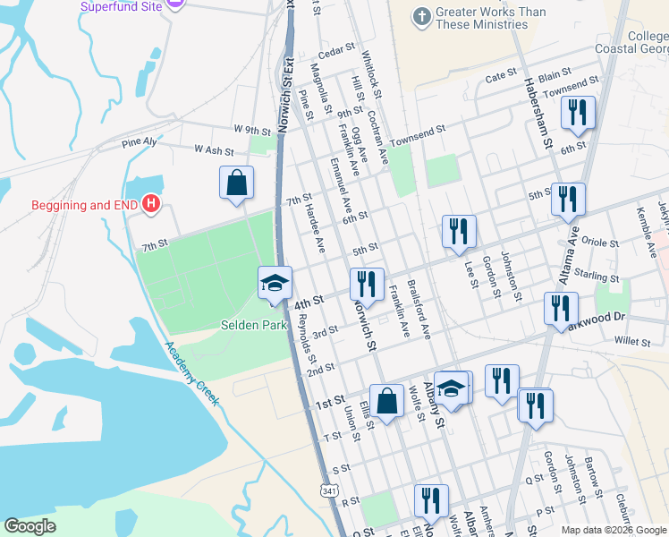 map of restaurants, bars, coffee shops, grocery stores, and more near 3418 Norwich Street in Brunswick