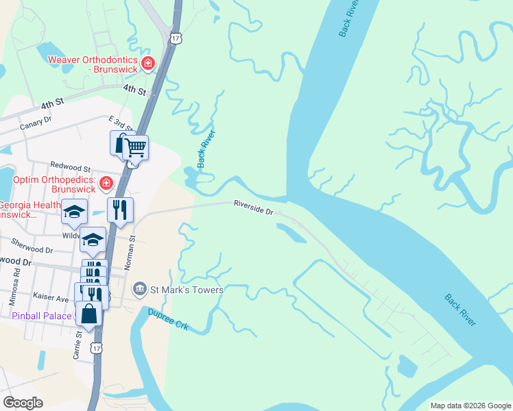 map of restaurants, bars, coffee shops, grocery stores, and more near 4001 Riverside Drive in Brunswick