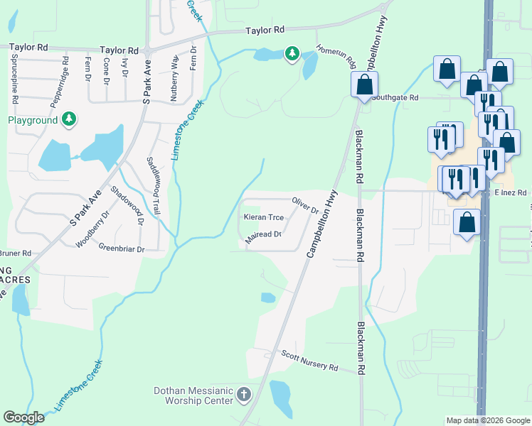map of restaurants, bars, coffee shops, grocery stores, and more near 208 Mairead Drive in Dothan