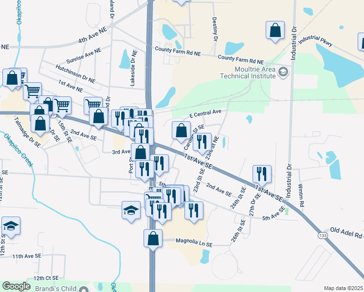 map of restaurants, bars, coffee shops, grocery stores, and more near 1801 Moultrie Quitman Highway in Moultrie