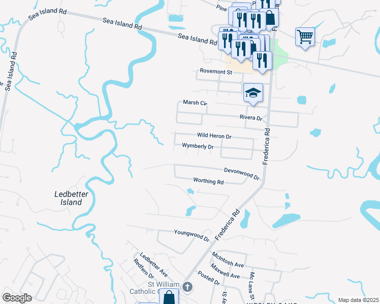 map of restaurants, bars, coffee shops, grocery stores, and more near 303 Seabrook Way in Saint Simons Island