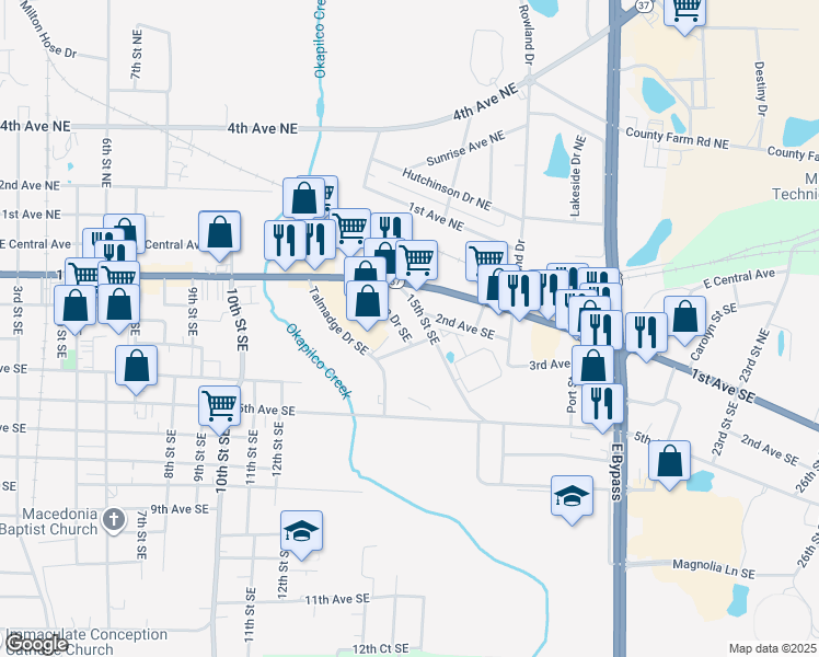 map of restaurants, bars, coffee shops, grocery stores, and more near 115 Circle Drive Southeast in Moultrie