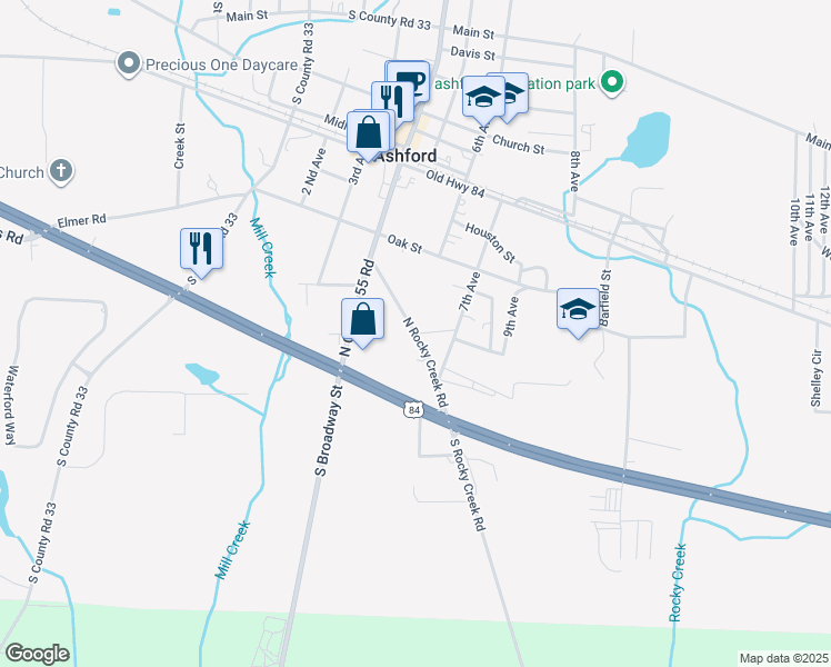 map of restaurants, bars, coffee shops, grocery stores, and more near 207 North Rocky Creek Road in Ashford