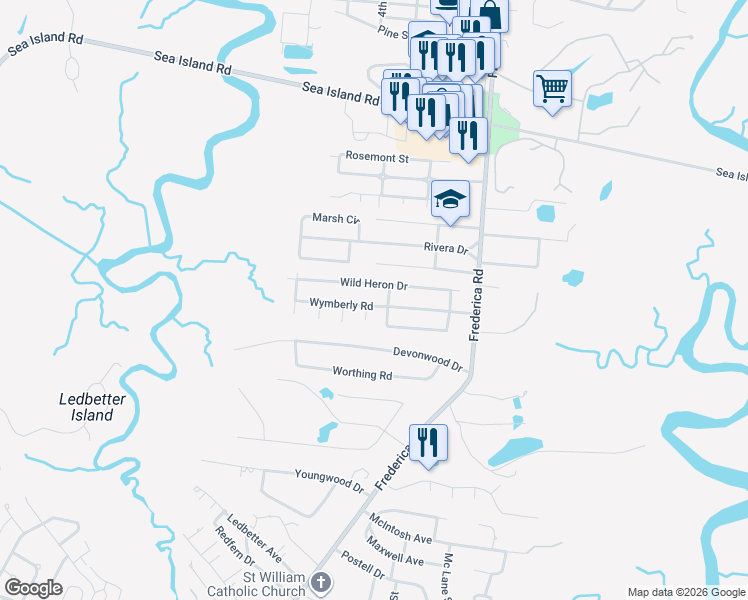map of restaurants, bars, coffee shops, grocery stores, and more near 305 Wild Heron Drive in St. Simons Island