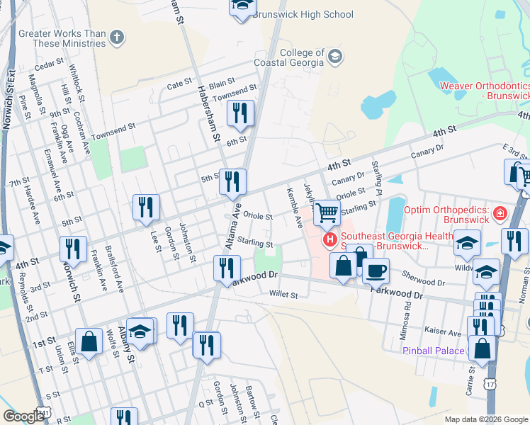 map of restaurants, bars, coffee shops, grocery stores, and more near 2219 Oriole Street in Brunswick