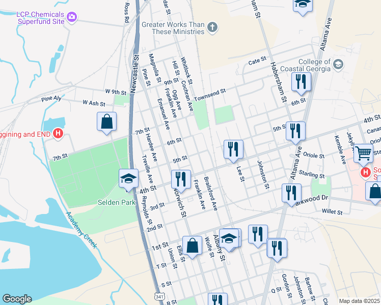 map of restaurants, bars, coffee shops, grocery stores, and more near 3504 Franklin Avenue in Brunswick