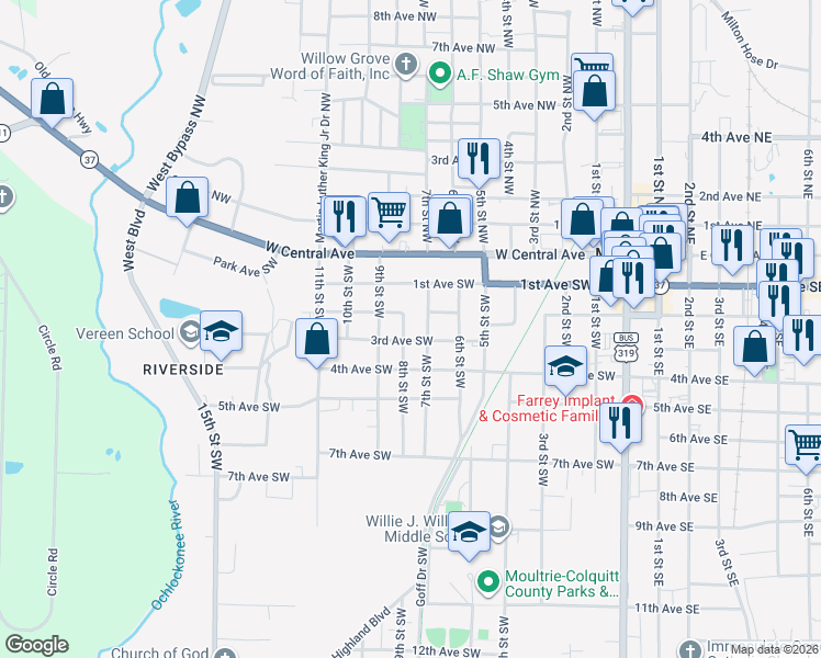 map of restaurants, bars, coffee shops, grocery stores, and more near 207 8th Street Southwest in Moultrie