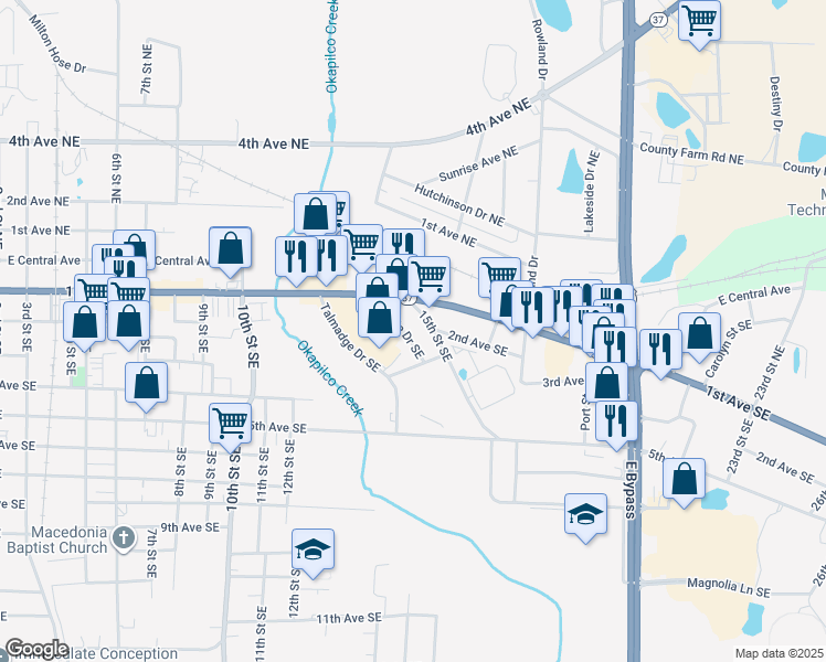 map of restaurants, bars, coffee shops, grocery stores, and more near 115 Circle Drive Southeast in Moultrie