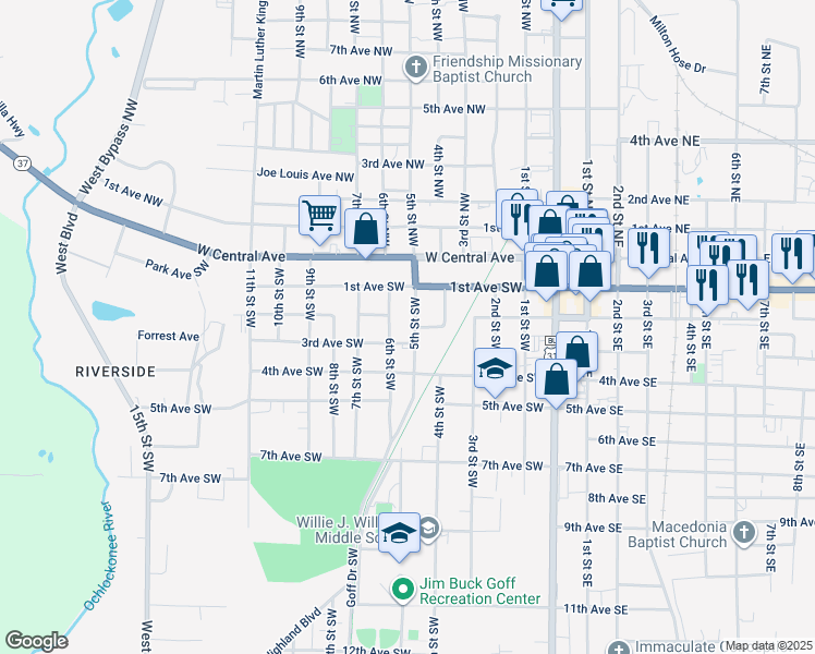 map of restaurants, bars, coffee shops, grocery stores, and more near 124 5th Street Southwest in Moultrie