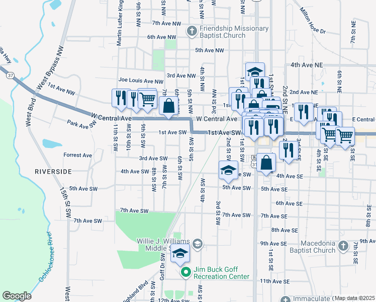map of restaurants, bars, coffee shops, grocery stores, and more near 124 5th Street Southwest in Moultrie