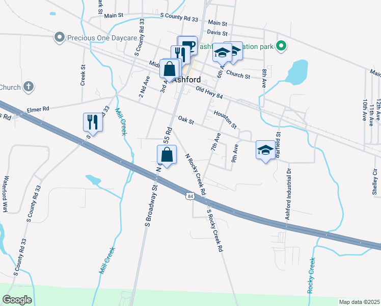 map of restaurants, bars, coffee shops, grocery stores, and more near 252 North Rocky Creek Road in Ashford