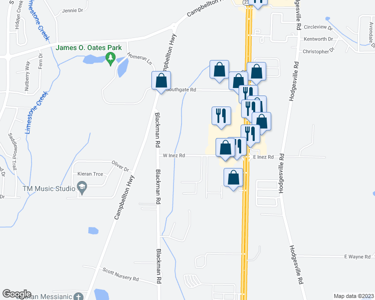 map of restaurants, bars, coffee shops, grocery stores, and more near 538 West Inez Road in Dothan