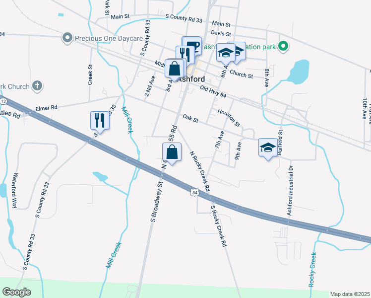 map of restaurants, bars, coffee shops, grocery stores, and more near 279 North Rocky Creek Road in Ashford