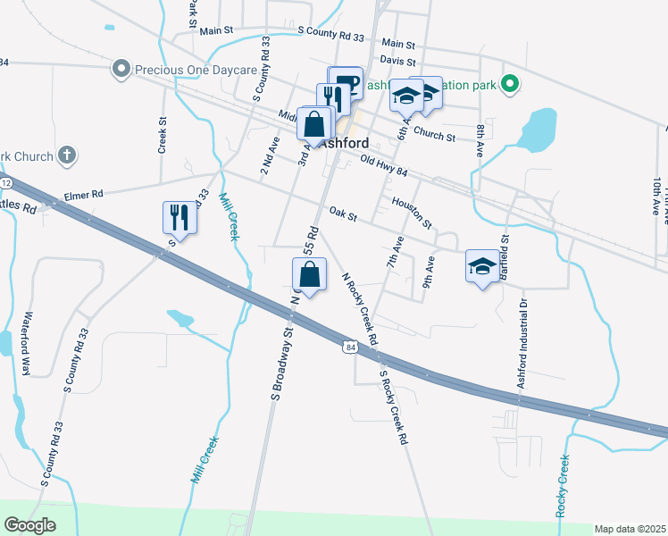map of restaurants, bars, coffee shops, grocery stores, and more near 279 North Rocky Creek Road in Ashford