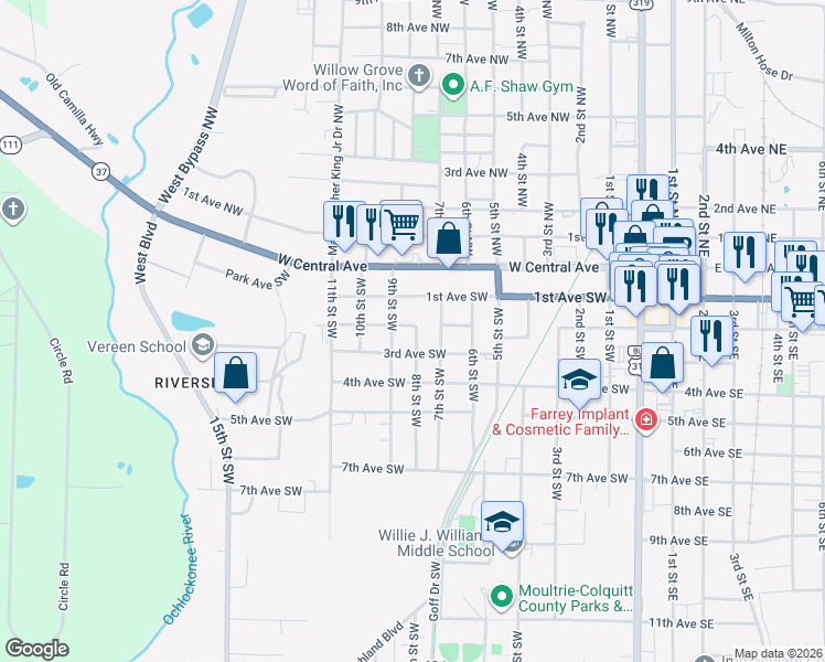 map of restaurants, bars, coffee shops, grocery stores, and more near 207 8th Street Southwest in Moultrie