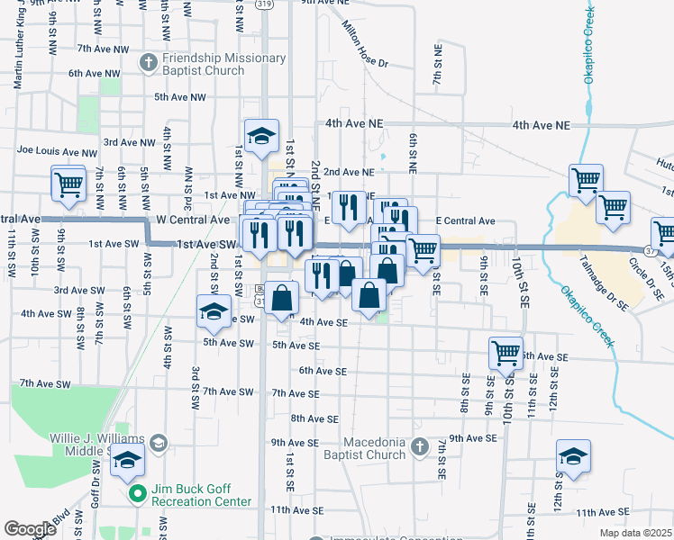 map of restaurants, bars, coffee shops, grocery stores, and more near 205 2nd Street Southeast in Moultrie