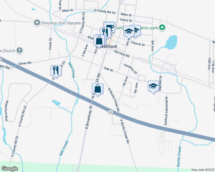 map of restaurants, bars, coffee shops, grocery stores, and more near 252 North Rocky Creek Road in Ashford