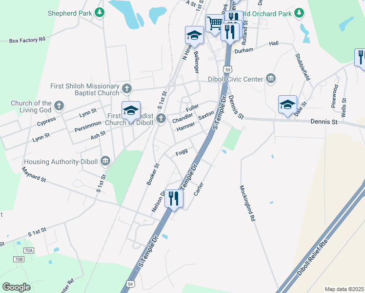 map of restaurants, bars, coffee shops, grocery stores, and more near 401 Jackson in Diboll