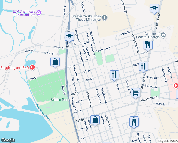 map of restaurants, bars, coffee shops, grocery stores, and more near 3504 Franklin Avenue in Brunswick