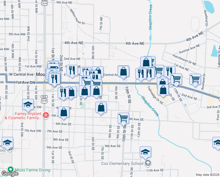 map of restaurants, bars, coffee shops, grocery stores, and more near 799 2nd Avenue Southeast in Moultrie