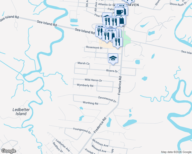 map of restaurants, bars, coffee shops, grocery stores, and more near 207 Rivera Drive in St. Simons Island