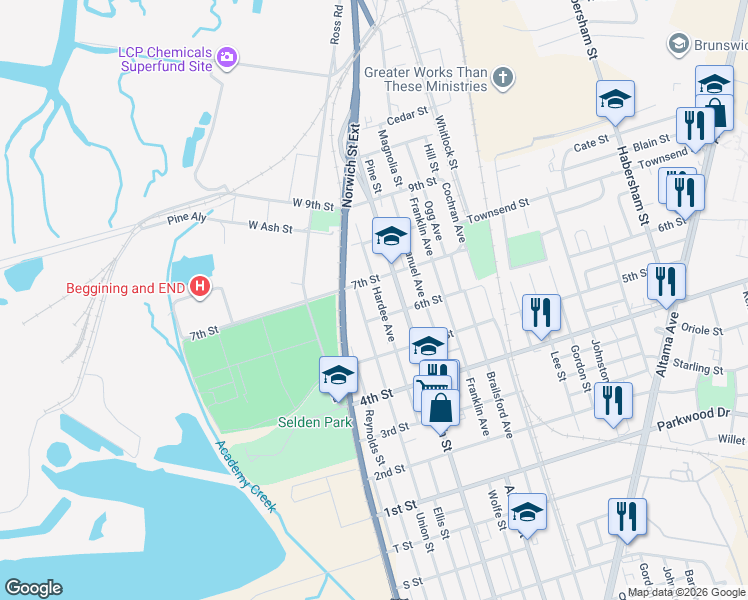 map of restaurants, bars, coffee shops, grocery stores, and more near 804 7th Street in Brunswick