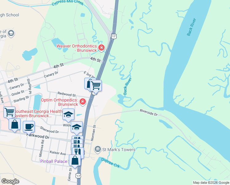 map of restaurants, bars, coffee shops, grocery stores, and more near 504 Marshview Circle Drive in Brunswick