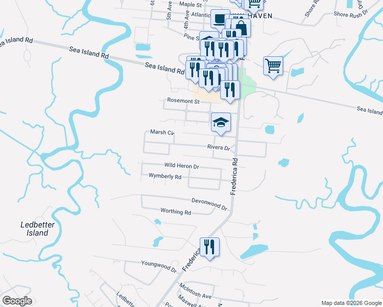 map of restaurants, bars, coffee shops, grocery stores, and more near 207 Rivera Drive in St. Simons Island