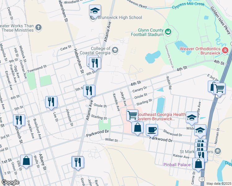 map of restaurants, bars, coffee shops, grocery stores, and more near 3324 Kemble Avenue in Brunswick