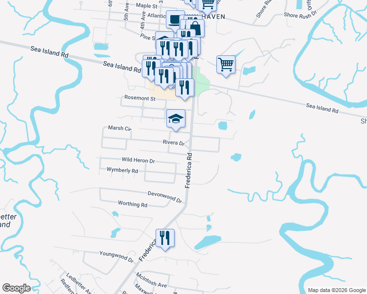 map of restaurants, bars, coffee shops, grocery stores, and more near 101 Rivera Drive in St. Simons Island