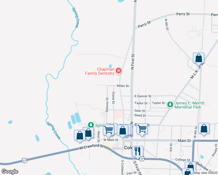 map of restaurants, bars, coffee shops, grocery stores, and more near 203 Miller Street in Colquitt