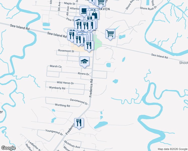 map of restaurants, bars, coffee shops, grocery stores, and more near 101 Rivera Drive in St. Simons Island