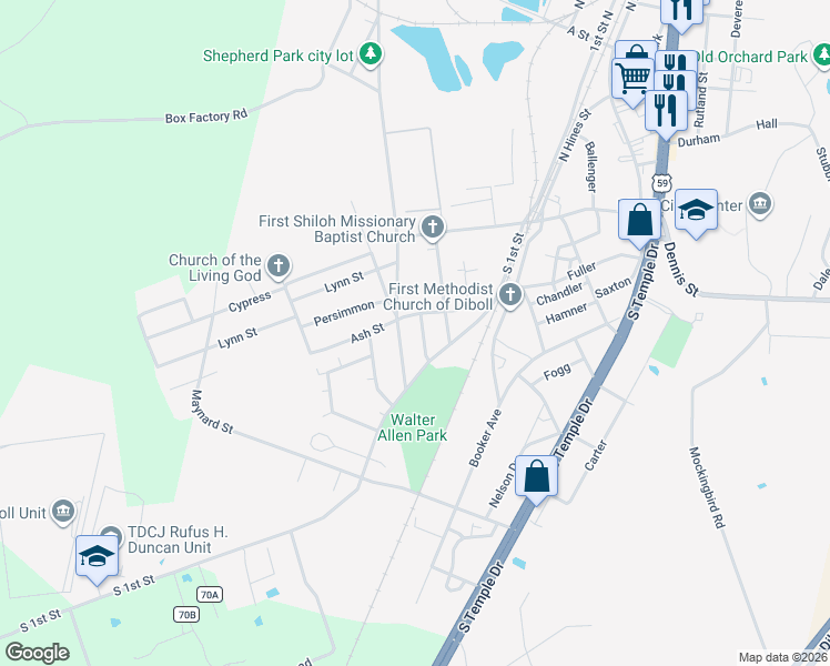 map of restaurants, bars, coffee shops, grocery stores, and more near 305 White Oak in Diboll
