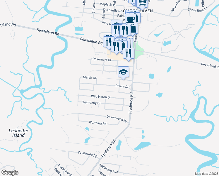 map of restaurants, bars, coffee shops, grocery stores, and more near 207 Rivera Drive in St. Simons Island