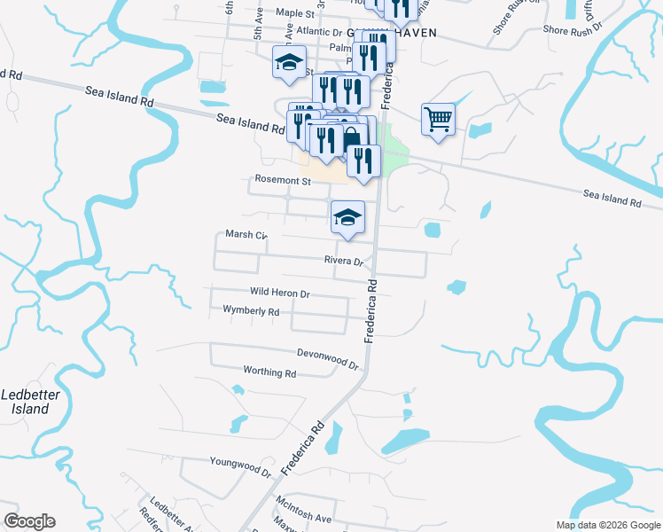 map of restaurants, bars, coffee shops, grocery stores, and more near 197 Rivera Drive in St. Simons Island