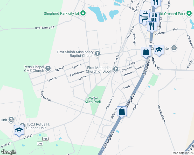 map of restaurants, bars, coffee shops, grocery stores, and more near 305 White Oak in Diboll