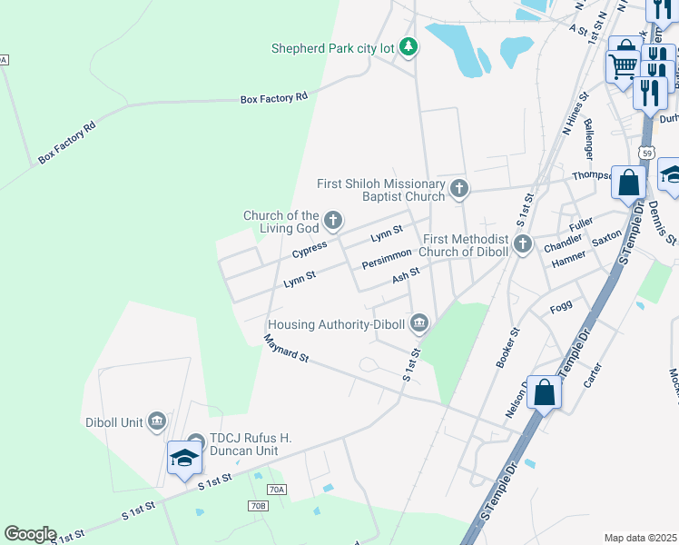 map of restaurants, bars, coffee shops, grocery stores, and more near 1101 Lynn Street in Diboll
