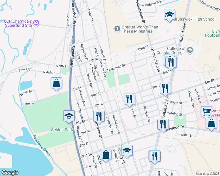 map of restaurants, bars, coffee shops, grocery stores, and more near Cochran Avenue in Brunswick