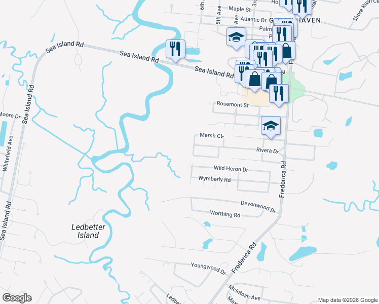 map of restaurants, bars, coffee shops, grocery stores, and more near 528 Marsh Circle in St. Simons Island