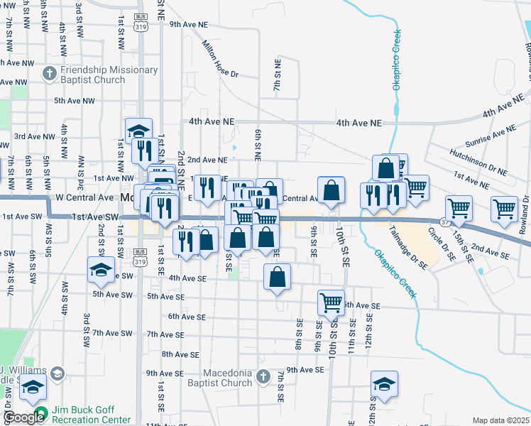 map of restaurants, bars, coffee shops, grocery stores, and more near 609 1st Avenue Southeast in Moultrie
